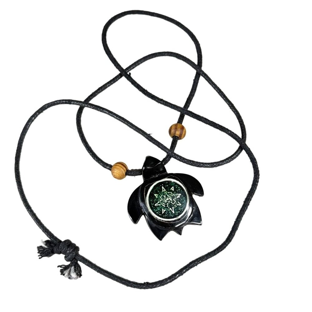 Black and Green Turtle Pendant Necklace on Cord Wooden Bead Accents One Size